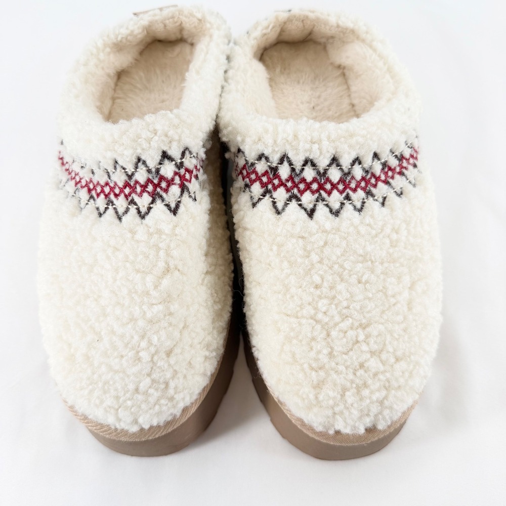 Cozy Sherpa Fleece Clog Slippers Cream Fair Isle Nordic Red Black Size S 5-6